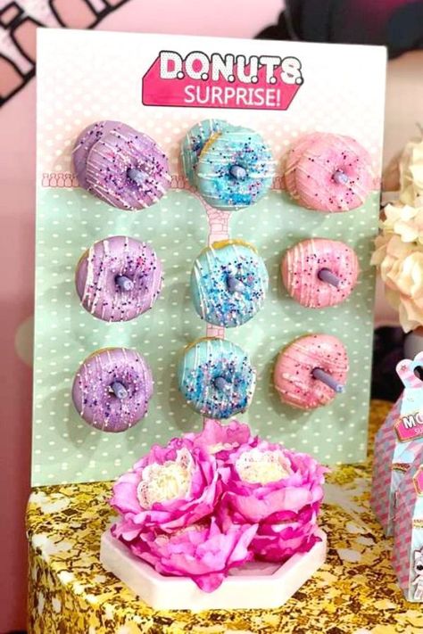 Feast your eyes on this gorgeous LOL Surprise Dolls birthday party! The donuts are so cute! See more party ideas and share yours at CatchMyParty.com #catchmyparty #partyideas #lolsurprisedolls  #donuts #lolsurprisedollsparty #girlbirthdayparty Lol Pinata Ideas, Lol Surprise Birthday Party Games, Lol Surprise Donuts Ideas, Lol Food Party Ideas, Lol Themed Party, Lol Pool Party Ideas, Lol Bday Party Ideas, L.o.l Birthday Party Ideas, Lol Doll Themed Birthday Party