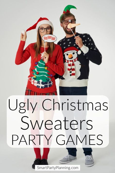 Selection of ugly Christmas sweaters party games that will guarantee to make your guests laugh. Have a whole heap of fun this Christmas season with an ugly sweater party. This is a great way to get everyone together in a relaxed environment and have some good old fashioned fun! Use these ugly Christmas Sweaters Party Games to ensure that the party is a real hit. Ugly Christmas Sweater Party Games, Ugly Sweater Party Games, Ugly Christmas Sweater Nails, Ugly Sweater Cookie, Ugly Christmas Tree, Ugly Christmas Sweater Contest, Games Christmas, Hot Wheels Party, Christmas Tunes