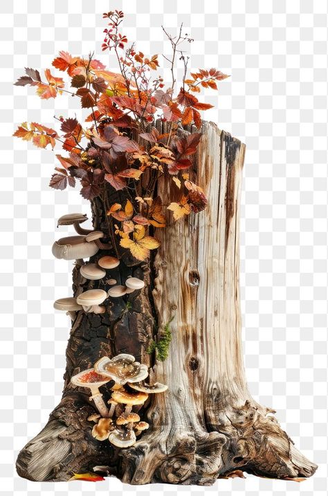 Tree Stump With Mushrooms, Mushroom On Tree, Autumn Mushrooms, Biblical Artwork, Mushroom Images, Botanical Collage, Dry Tree, Faux Rock, Game Concept Art