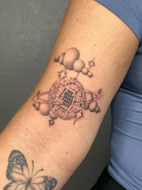 Girly bicep tattoo idea; disco ball tattoo; planet disco ball tattoo Disco Ball Planet Tattoo, Disco Ball Moon Tattoo, Moon Disco Ball, Tiny Disco Ball Tattoo, Disco Tattoo, Disco Ball Tattoo, Tattoo Bicep, Tropical Disco, Tattoo Planet