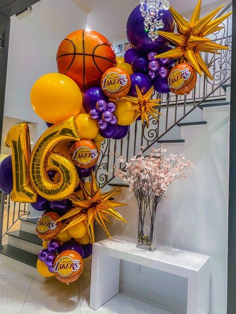 Lakers Balloon Garland, Basketball Themed Birthday Party, Basketball Theme Birthday, Birthday Sleepover, Basketball Birthday Parties, Basketball Birthday, Balloon Display, Diy Balloon Decorations, Balloon Arrangements