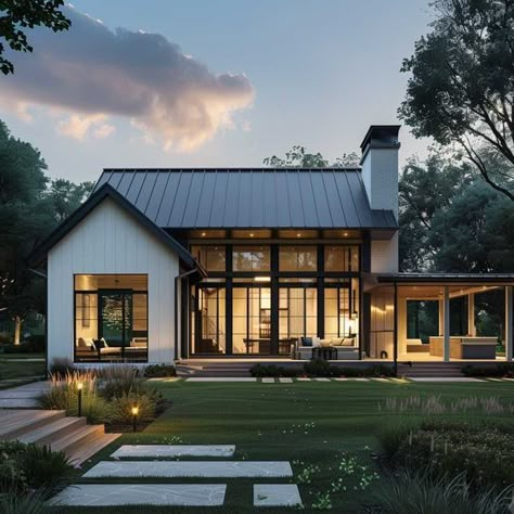 3+ Single Story Modern Farmhouse Exterior Elements for a Chic Country Home • 333+ Art Images Ranch Home Styles Exterior, 3 Story Cottage House, Modern Farmhouse Rock Exterior, Modern Farmhouse Ranch Exterior Ideas, Ranch House With Added Second Floor, Exterior Design Single Story, Modern Farmhouse Big Windows, Modern Farmhouse With Metal Roof, Affordable Home Building Ideas