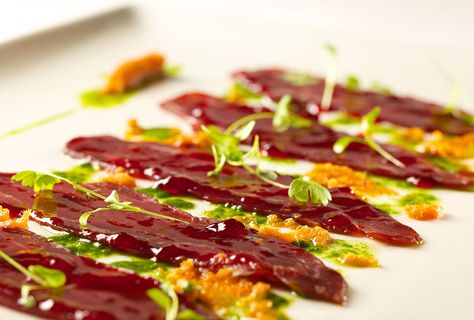 Venison Carpaccio With Cedar Jelly and Sea Buckthorn Jam! Recipe courtesy of Chef Martin Gagné, Restaurant La Traite in Wendake, Québec. Canadian First Nations, Carpaccio Recipe, Square Recipes, Food Network Canada, Restaurant Ideas, Canadian Food, Sea Buckthorn, Recipes To Make, Perfect Appetizers