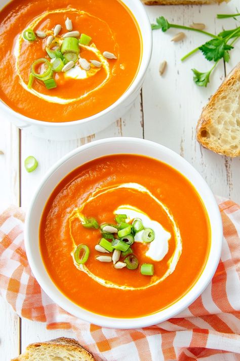 Indulge in a warm bowl of comforting carrot and tomato soup. This flavorful homemade recipe is perfect for cozy nights or busy weekdays. Packed with vitamins and nutrients, this soup is both delicious and nutritious. The vibrant colors of the carrots and tomatoes make it a feast for the eyes as well as the taste buds. Whether you enjoy it as a starter or pair it with your favorite crusty bread, this soup is sure to satisfy any craving. Tomato Carrot Soup, Tomato Soup Homemade, Tomato Soup Recipe, Vitamix Recipes, Tomato Soup Recipes, Carrot Soup, Recipe 30, Homemade Recipe, Hot Soup