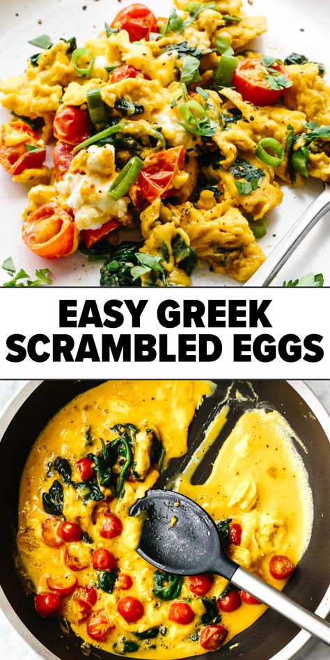 Greek scrambled eggs Quick Healthy Egg Recipes, Mediterranean Scrambled Eggs, Low Carb Eggs Breakfast, Brunch Scrambled Eggs, Greek Scrambled Eggs, Mediterranean Oatmeal Breakfast, Simple Breakfast Meal Prep, Meditarian Diet Recipes Breakfast, Greek Eggs Breakfast