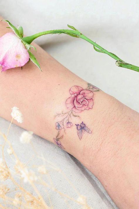 Peony Bracelet Tattoo, Braclet Tattoo Ideas, Rose Bracelet Tattoo, Butterfly Bracelet Tattoo, Small Rose Tattoo On Wrist, Inside Wrist Tattoos For Women, Wrist Bracelet Tattoos For Women, Crescent Tattoo, Wrist Tats