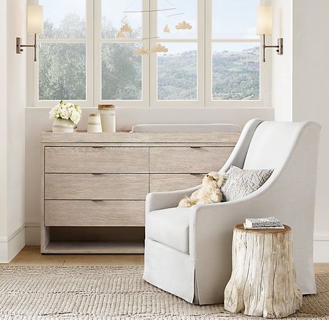 Dresser Topper, Trunk Side Table, Table Design Ideas, Unique Side Table, Stylish Side Table, Rustic Wooden Table, Wide Dresser, Rh Baby, Nursery Room Inspiration