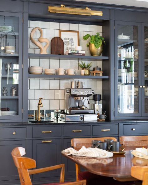 Coffee Bar Built In, Coffee Bar Inspiration, Black Mini Fridge, Built In Coffee Bar, Stoffer Home, Bar Inspiration, Coffee Bars In Kitchen, Home Coffee Bar, Coffee Bar Home