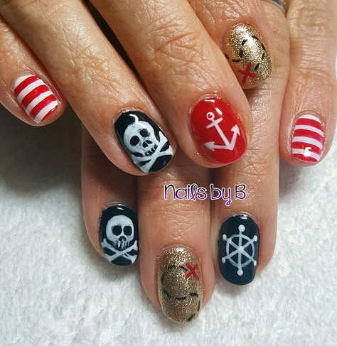 Pirates Nail Art, Pirate Nails Acrylic, Pirate Nail Art Designs, Pirate Acrylic Nails, Pirates Of The Caribbean Nail Art, Pirate Nails Design Simple, Pirate Halloween Nails, Pirate Theme Nails, Halloween Pirate Nails