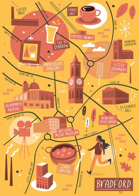 Illustrated map of Bradford, UK on Behance Maps Illustration Design, City Maps Illustration, Illustrated Maps, Map Projects, Infographic Map, Yorkshire Uk, Tourist Map, Art City, City Illustration