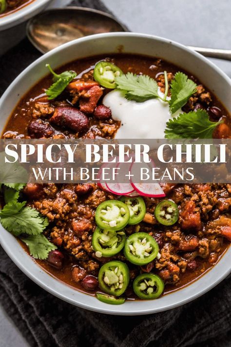 This is the BEST Beer Chili recipe! A hearty one-pot chili with beans that’s rich, spicy and perfect for game day. Make it on the stove, in a crock pot or instant pot. // slow cooker Pork Belly Chili Recipe, Chili With Beer Recipe Crock Pot, Whiskey Chili Recipe, 15 Bean Chili Crock Pot, Beer Chilli Recipes, Spicy Sausage Chili, Unique Chilli Recipes Crock Pot, Chilli No Beans Recipe, Beer Chili Recipe Crockpot