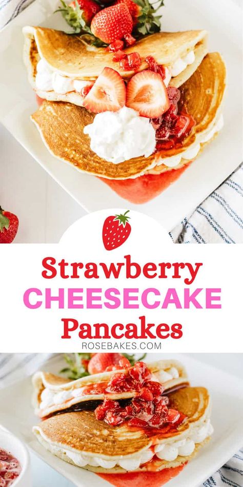 Strawberry Cheesecake Pancakes are melt-in-your-mouth buttermilk pancakes stuffed with a no-bake cheesecake filling, then stacked and topped with chunky homemade strawberry syrup, whipped cream, and fresh strawberries. Once you make this Cracker Barrel Cheesecake Pancakes Copycat recipe at home, you'll never look back! Strawberry Cheesecake Pancakes Easy, Cracker Barrel Cheesecake Pancakes, Cracker Barrel Pancake Recipe, Strawberry Pancakes Recipe, Strawberry Cheesecake Pancakes, Cracker Barrel Copycat, Homemade Strawberry Syrup, Cracker Barrel Pancakes, Cracker Barrel Copycat Recipes