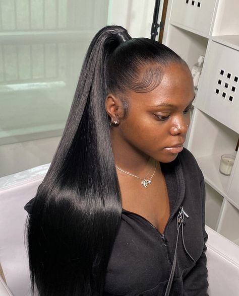 Weave Ponytail Hairstyles For Black Women Updo Pony Tails, Half Up Half Down Low Ponytail Black Women, Slick Two Braided Ponytails, Straight Ponytail Hairstyles For Black Women, Straight Back Ponytail, Sleek Weave Ponytail, Low Pony Hairstyles Black Women, Ponytail Hairstyles Weave, Mid Ponytail Hairstyles Black Women