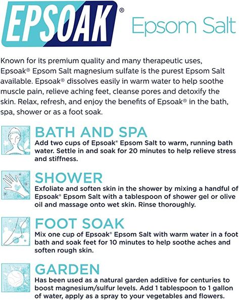 This should be a staple in any home, excellent for: its amazing therapeutic qualities, an Epsom salt bath can help to relieve muscle aches and pains, relieve aching feet, cleanse pores, flush out toxins, detoxify the skin. Mix with shower gel to create your own body scrub. Epsom Salt Cleanse, Salt Cleanse, Epsom Salt Benefits, Epsom Salt Magnesium, Epsom Salt Bath, Magnesium Sulfate, Foot Soak, Colon Cleanse, Muscle Aches