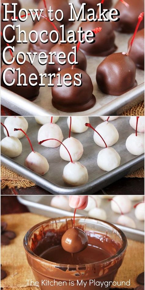 How to Make Homemade Chocolate Covered Cherries ~ It's not as hard as you think! With just 5 simple ingredients & a little chocolate-dipping patience, whip up your own homemade chocolate covered cherries that taste even better than the store-bought ones. A fun candy project that makes for perfect little gifts from the kitchen. www.thekitchenismyplayground.com Chocolate Covered Cherries Recipe, Gifts From The Kitchen, Maraschino Cherries, Chocolate Covered Cherries, Cherry Recipes, Fudge Sauce, Chocolate Craving, Best Candy, Chocolate Cherry