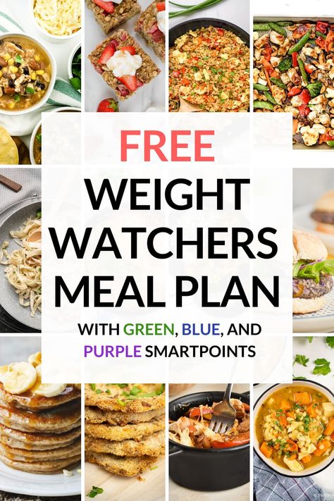 You will love this easy to follow FREE Weight Watchers meal plan with Green, Blue, and Purple Smartpoints, a complete shopping list, and recipes for breakfast, lunch, and dinner. #mealplanning Ww Green Plan, Weight Watchers Meal Plan, Ww Meal Plan, Weight Watchers Menu, Weight Watchers Plan, 200 Calorie, Weight Watchers Meal Plans, Slender Kitchen, 100 Calorie