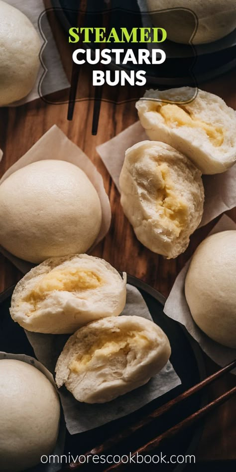 Chinese Steamed Custard Buns (nai wong bao, 奶黄包) | Omnivore's Cookbook Dessert Bao Bun, Steamed Custard Buns, Steamed Custard, Custard Buns, Hot Fudge Cake, Hot Chocolate Fudge, New Year's Desserts, Yeast Dough, Slow Cooker Desserts