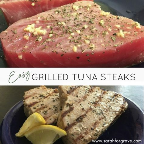 Easy Grilled Tuna Steaks | www.sarahforgrave.com Grilled Yellow Fin Tuna Steak Recipes, Grilled Tuna Steak Recipes, Grilled Tuna Steaks Recipes, Grilled Tuna Steaks, Ahi Tuna Steak, Tuna Steak Recipes, Tuna Steak, Grilled Tuna, Fresh Tuna