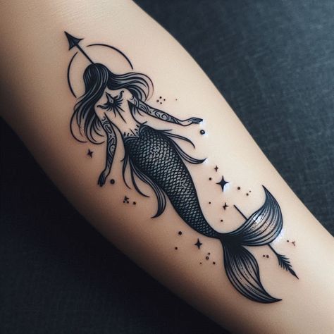 15 Mermaid Tattoo Ideas to Represent Freedom and Empowerment 4 Mermaid Sitting On Anchor Tattoo, Sea Queen Tattoo, Goddess Mermaid Tattoo, Greek Siren Tattoo, Taurus Mermaid Tattoo, Black Mermaid Tattoo Designs, Mermaid With Trident Tattoo, Mermaid Simple Tattoo, Mermaid Tattoo Black And White