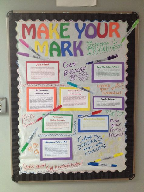 Engagement bulletin board! Make your mark on campus by getting involved! Great Sharpie accents! via Abby, Dobbs Hall Make Your Mark Bulletin Board, Get Involved Bulletin Board, Engagement Bulletin Board, Dorm Bulletin Boards, Resident Assistant Bulletin Boards, Office Bulletin Boards, High School Speech Therapy, College Bulletin Boards, Interactive Bulletin Boards