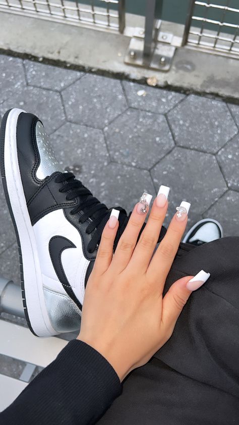 Nails With Chrome Heart, Heart French Tip, Chrome Hearts Nails, Nails With Chrome, Hearts Nails, Jordan 1s, Nails 2024, Wardrobe Inspiration, Heart Nails