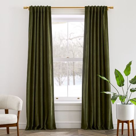 Worn Velvet Curtain - Tarragon | West Elm Rideaux Boho, Cortinas Boho, Mid Century Curtains, Metal Curtain Rod, Vista House, Velvet Drapes, Plain Curtains, Metal Curtain, Green Curtains