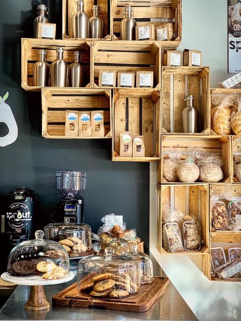 Cafe Fridge Display Ideas, Coffee Shop Wall Decor Ideas, Bakery Wall Display, Rustic Coffee Shop Ideas, Retail Coffee Bar, Deli Window Display, Food Displays Cafe, Simple Bakery Interior, Small Bakery Display Ideas