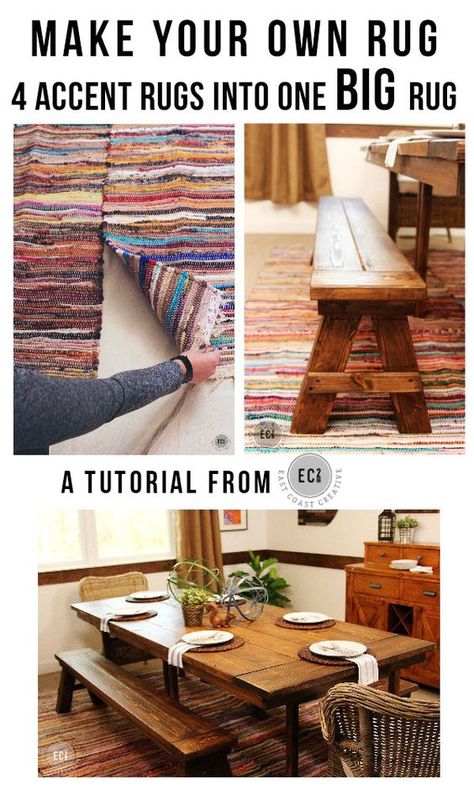 DIY Rug Tutorial. Using 4 rag rugs to make one large dining room rug.  A great dining room Makeover on a budget #DIYrug Diy Rug Tutorial, Rugs To Make, Build A Farmhouse Table, Diy Hanging Shelves, Rug Tutorial, Dining Room Makeover, Wine Bottle Diy Crafts, Rag Rugs, Floating Shelves Diy