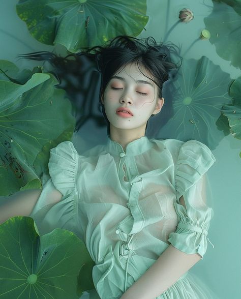 ai_fashion_photography_style Body Laying Down Reference, Water Fashion Photography, Laying Down Photoshoot, Woman Laying Down, Aquatic Aesthetic Fashion, Green Aesthetic Photography, Pond Reference Photo, Woman Laying In Water, Lily Pad Photoshoot