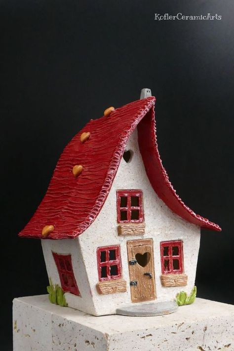 Ceramic Houses Ideas, Ceramic Houses Pottery, Ceramics House, Table Lantern, Clay Fairy House, Clay House, Ceramic Lantern, Clay Moulding, Fairy House Diy