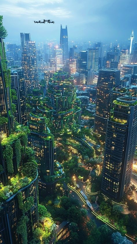 **Explore a Vibrant Futuristic Cityscape with Green Spaces and Smart Tech** 🌆✨ Experience a bustling metropolis where nature meets innovation! Towering skyscrapers, vertical gardens, and personal drones create a lively scene at dusk. #FuturisticCity #EcoTech #AugmentedReality #midjourney Futuristic Nature City, Rainforest City, Green Skyscraper, Futuristic Nature, Earthship Home Plans, Futuristic Cityscape, Nature City, Downtown Aesthetic, Earthship Home