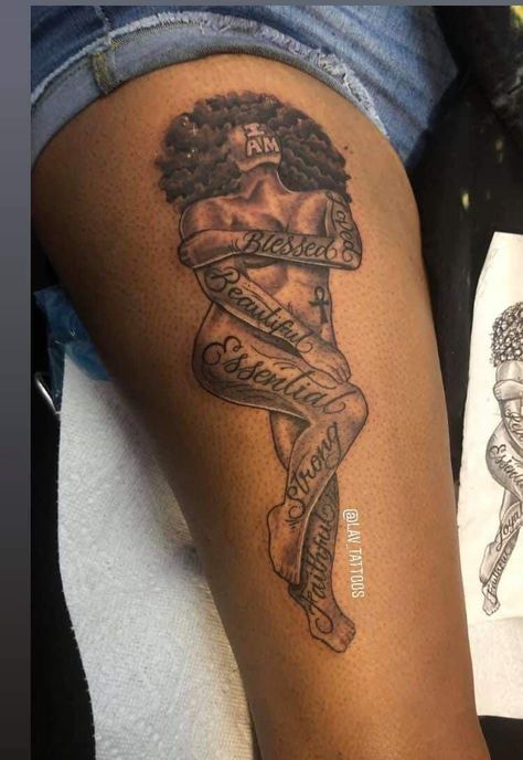 Tattoo Ideas For Women Unique Back, Afro Tattoo Ideas Natural Hair, Black Queen Tattoo For Women, I Am Tattoos For Black Women, Strong Black Woman Tattoo Ideas, Tattoo Of A Black Woman, Leg Tats For Women Thigh Piece, Tattoo Of Black Woman, Tattoos Of Black Women