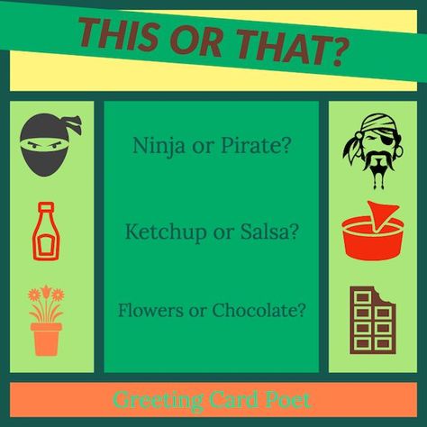 157 This Or That Questions To Keep You Thinking | This or That Questions, Either/Or, Coke or Pepsi...you know the "Choosing Game."  Here's a big list for kids. This Or That Questions Elementary, This Or That Questions For Kids, This Or That For Kids, Coke Or Pepsi Questions, This Or That Questions, Dare Game Questions, Either Or Questions, Morning Questions, Best Riddles With Answers