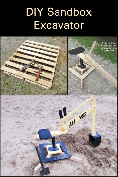 Sandbox Excavator, Toddler Sandbox, Build A Sandbox, Diy Sanding, Backyard Play Spaces, Diy Sandbox, Kids Sandbox, Excavator Toy, Toy Garage