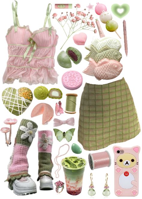 Pink Green Outfit Color Combos, Mitsuri Outfit Ideas, Fairycore Outfit Pink, Pink Fairycore Outfits, Pink And Green Outfit Aesthetic, Pink And Green Aesthetic Outfits, Pink And Green Clothes, Mitsuri Outfit, Soft Fairycore Outfits