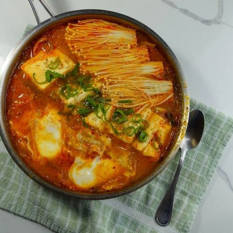 Kimchi Jjigae (Kimchi Stew) One Pan, Easy | morocooks Kimchi Soup, Kimchi Jjigae, Kimchi Stew, Korean Dishes, Random Items, Broth Recipes, One Pan, Healthy Gut, Pork Belly