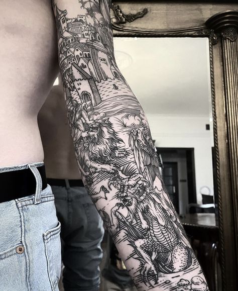 Etching Tattoo, Woodcut Tattoo, Engraving Tattoo, Medieval Tattoo, Knight Tattoo, Gothic Tattoo, Style Tattoo, Black Ink Tattoos, Dope Tattoos