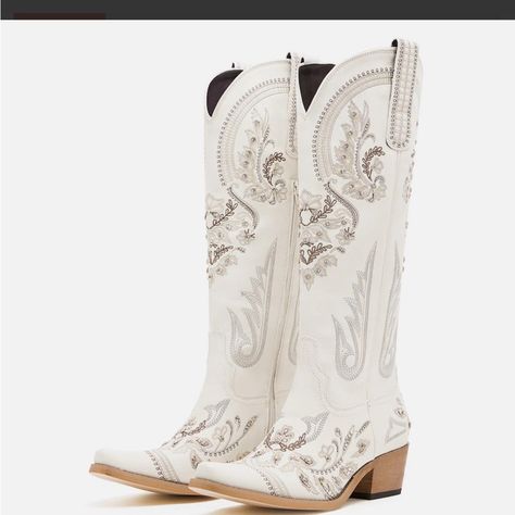 Brand New Without Box! Step Out With Confidence In These Elegant White Embroidered Cowgirl Western Boots. These Boots Are Designed To Last With A Carefully Constructed Leather Upper, A Leather Sole, And A Pointed Toe. All That, Plus The Rhinestone And Embroidery Detailing, Make These A Stylish Choice That Stands Out. Made With Intricate Electric Embroidery And Sparkling Rhinestones, They’re Perfect For Your Wedding Day And Beyond. Be The Stylish Cowgirl You’ve Always Wanted To Be! Embroidered Exterior Synthetic Leather Soft Comfort Lining Memory Foam Elastic Insole Wooden Heel Soles Snip Toe Handcrafted By Highly Skilled Boot Artisans Shaft Height: ~14.5" Shaft Circumference: 15-17" Hee Cowgirl Boots White, Cowgirl Boots Wedding, Olive Boots, White Cowgirl Boots, Timeless Boots, White Cowboy Boots, Womens Cowgirl Boots, Into The West, Wedding Boots