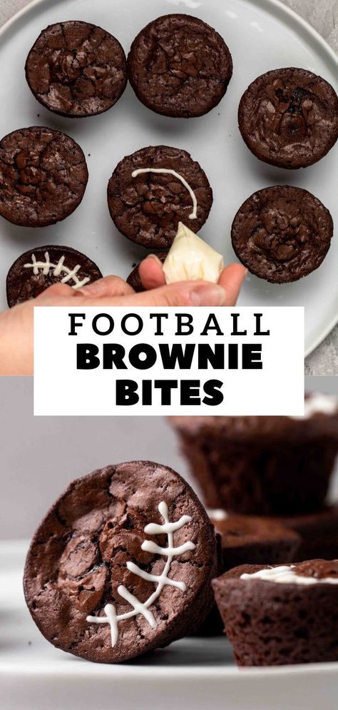 These cute mini fudgy football brownie bites are a touch down dessert for your super bowl watch party. They are chocolatey, come in a tiny serving and are decorated with white chocolate or white candy melts to create that iconig football sewing pattern. Time to tail gate with these amazing football brownies #footballbrownies #brownies #browniebites #tailgating Super Bowl Baked Goods, Easy Finger Foods For Football Party, Gameday Food Football Dessert, Super Bowl Party Treats, Sports Party Desserts, Football Brownies Super Bowl, Football Marshmallows, Super Bowl Baking, Gluten Free Football Desserts