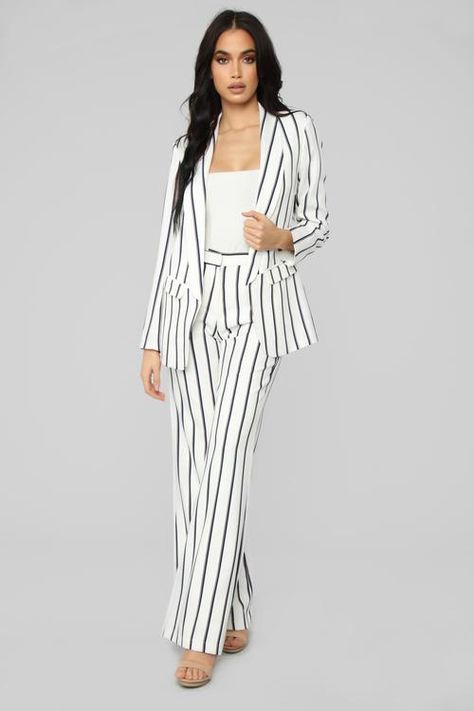 Better Suited Stripe Suit Set - White/Combo Girls Spring Outfits, Stripe Suit, Striped Suit, Striped Pant, Plaid Pencil Skirt, 2 Piece Suit, Set Outfits, Ruched Sleeve, Fashion Nova Models