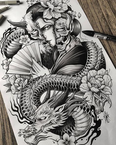 Hannya Maske Tattoo, Tato Geisha, Tattoo Colour, Geisha Tattoo Design, Dragon Tattoo Art, Black Art Tattoo, Samurai Tattoo Design, Geisha Tattoo, Japan Tattoo Design