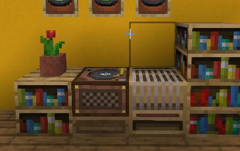 Hi everyone, this is my very first texturepack, so it's rather simple. Whenever I play Minecraft, I found it odd that we insert a black disk record... Minecraft Record Shop, Minecraft Record Store, Minecraft Jukebox Ideas, Jukebox Minecraft Ideas, Minecraft Jukebox Design, Minecraft Instruments, Minecraft Music Room, Minecraft Piano, Men Bedroom Design