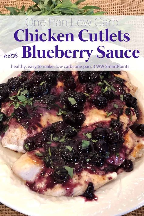 This Low Carb Chicken Cutlets with Fontina and Fresh Blueberry Sauce recipe takes plain chicken to new heights with a simple blueberry pan sauce that comes together in minutes! #lowcarbchickenblueberrysauce #lowcarbchicken #chickencutletsblueberrysauce #chickencutlets #chicken #lowcarb Blueberry Sauce Recipe, Blueberry Chicken, Chicken Breast Cutlet, Pan Sauce, Blueberry Sauce, Plain Chicken, Creamy Mashed Potatoes, Chicken Cutlets, Low Carb Chicken