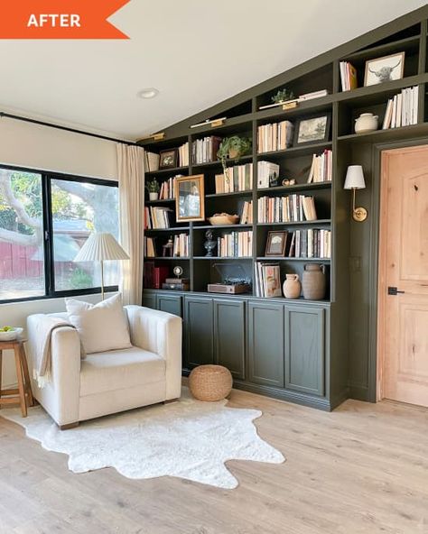 After: Room with green built-in bookshelf on one wall Bookshelves With Nook, Tv Room With Bookshelves, Vaulted Bookshelves, Emerald Green Built In Bookcase, Movie Library Room, Tall Library Wall, Built In Bookshelves Tv Wall, Living Room Designs With Bookshelves, Living Room Book Wall