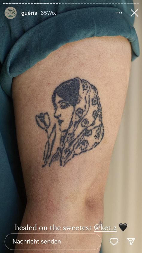 Portrait Style Tattoo, Mirrored Shoulder Tattoo, Upper Thigh Sleeve Tattoo Women, David Kushner Tattoo, Stipple Tattoo Design, Tears Of The Kingdom Tattoo, Inner Bicep Tattoos For Women, Bold Line Tattoo, Thigh Sleeve Tattoo