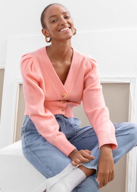 & Other Stories Puff Sleeve Short Cardigan Puff Sleeve Cardigan, Puff Sleeve Sweater, Short Cardigan, Pink Cardigan, Puff Sleeve Dresses, Pretty Style, Cardigan Sweaters For Women, Basic Outfits, Puff Sleeve Top