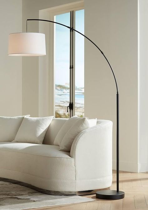 360 Lighting Cora Mid Century Modern Arc Floor Lamp 72" Tall Black Metal White Linen Fabric Drum Shade Decor for Living Room Reading House Bedroom Home Office House - Amazon.com Arc Floor Lamps Living Room, Standing Lamp Living Room, Modern Arc Floor Lamp, Big Lamp, Office House, White Linen Fabric, Arc Floor Lamp, Floor Lamps Living Room, Arched Floor Lamp