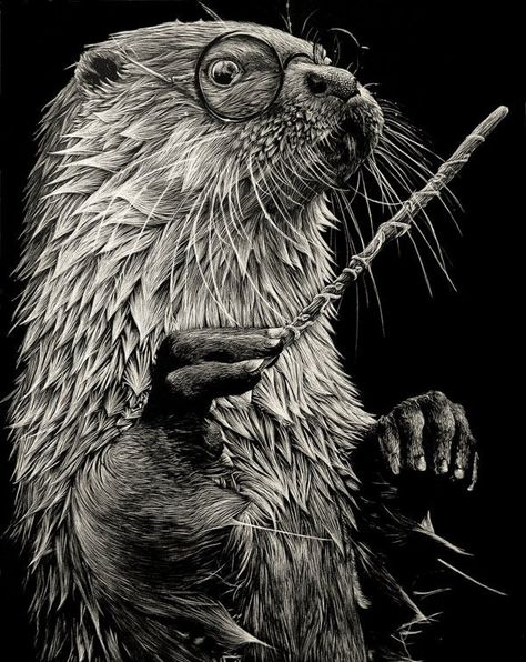 Scratchboard Art Lessons, Scratchboard Illustration, Harry Otter, Scratchboard Art, Colored Pencil Artwork, Scratch Art, Linocut Prints, Magazine Art, Otters