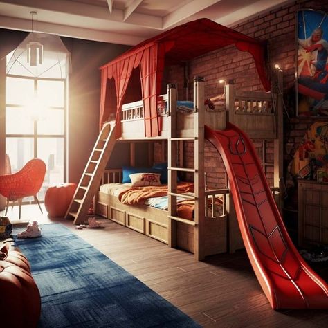 Boys Spiderman Bedroom Ideas, Boys Bedroom Ideas Superhero, Boys Bedroom Bunk Beds, Spiderman Room Decor, Bedroom Gamer, Spiderman Bedroom, City Playground, Marvel Bedroom, New York Bedroom