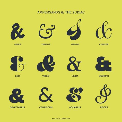 Ampersands, like the zodiac, connect and define. ✨ Each sign’s personality is reflected in a carefully chosen ampersand, blending astrology and typography. Many of these fonts are available on Adobe Fonts. Special thanks to the talented designers and foundries behind these symbols—tagged below. So, what sign (or ampersand) are you? 🌚 ⠀⠀⠀⠀⠀⠀⠀⠀⠀ ⠀⠀⠀⠀⠀⠀⠀⠀⠀ ⠀⠀⠀⠀⠀⠀⠀⠀⠀ ⠀⠀⠀⠀⠀⠀⠀⠀⠀ ⠀⠀⠀⠀⠀⠀⠀⠀⠀ ⠀⠀⠀⠀⠀⠀⠀⠀⠀ ⠀⠀⠀⠀⠀⠀⠀⠀⠀ ⠀⠀⠀⠀⠀⠀⠀⠀�⠀ {#ampersand #typefacedesign #adobefonts #zodiacsigns #graphicdesign #typogr... Ampersand Typography, Ampersand Design, Adobe Fonts, Leo And Virgo, Sagittarius And Capricorn, Virgo And Libra, Capricorn And Aquarius, Typeface Design, Taurus And Gemini